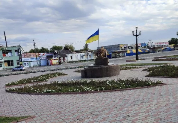 Ukrán zászló Balaklija központjában