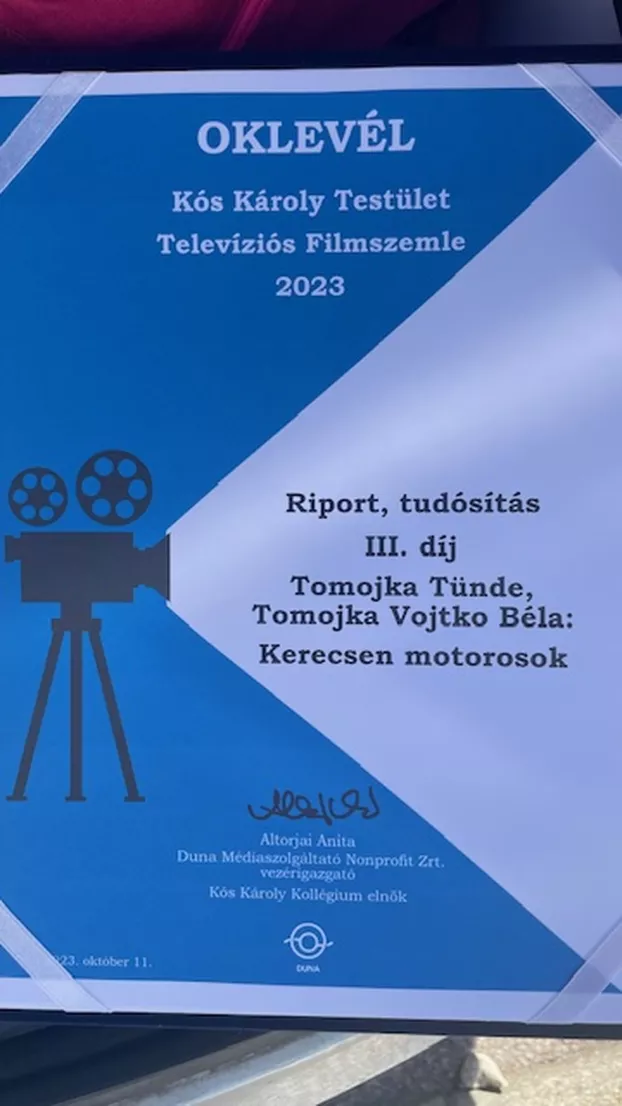 Kós Károly Filmszemle 2023 Tomojka oklevél