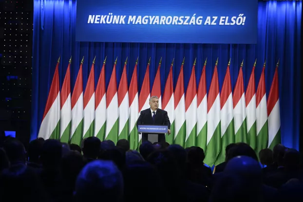 Orbán Viktor évértékelő beszéde a Várkert Bazárban.