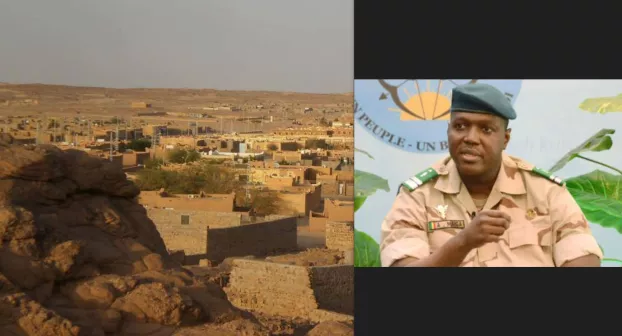 Abdouaye Maiga, a Mali-i kormány szóvivője és a támadás helyszíne, Tinzaouaten település a háttérben
