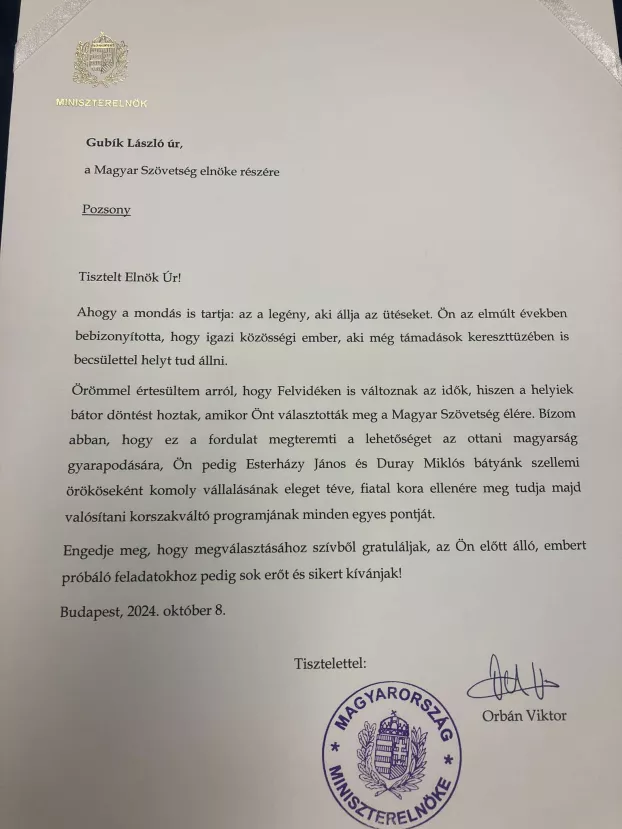 Orbán levele Gubíknak