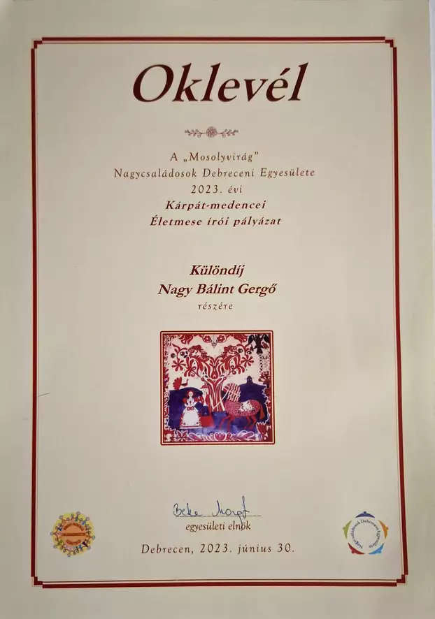 A különdíj oklevele