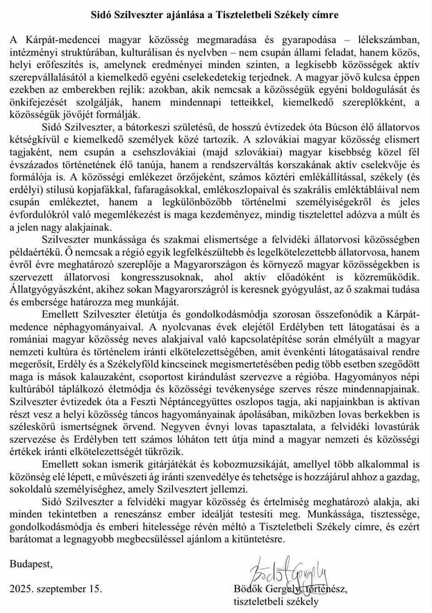 Tiszteletbeli székellyé avatták a Búcson élő Sidó Szilveszter állatorvost és fafaragót – KÉPEKKEL