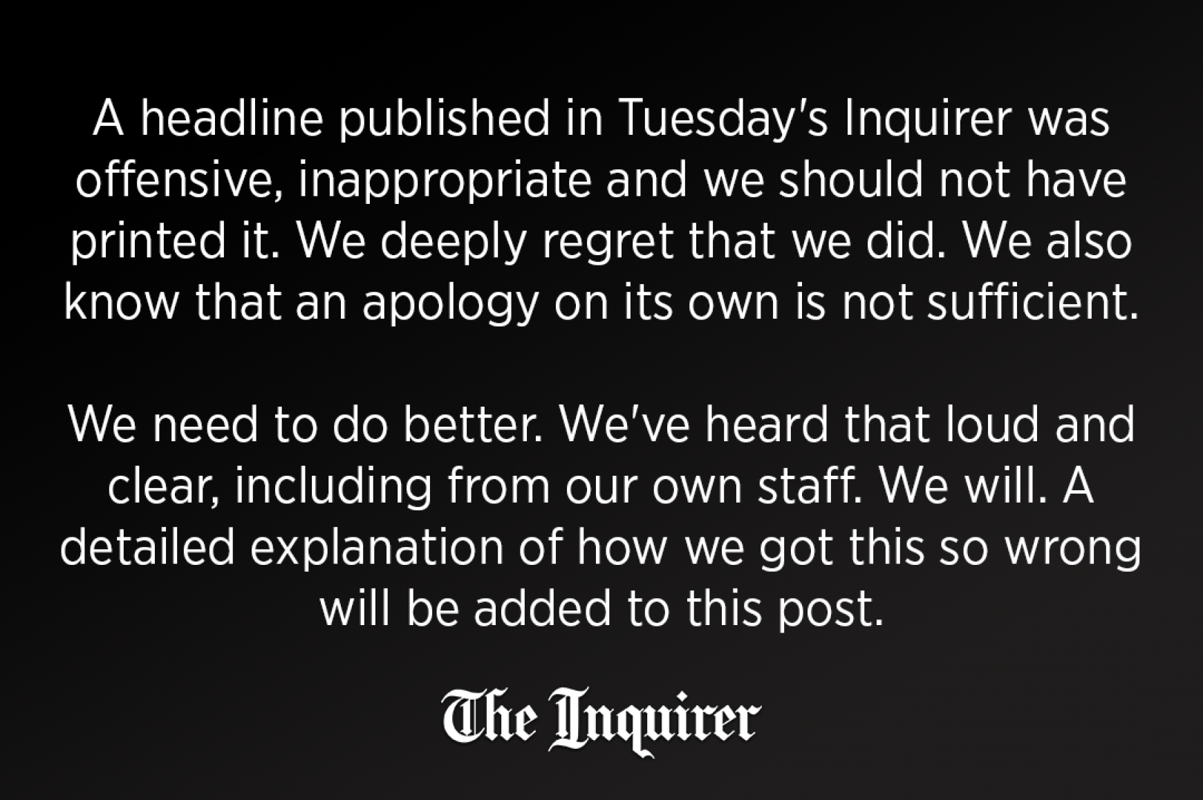Philadelphia Inquirer bocsánatkérés