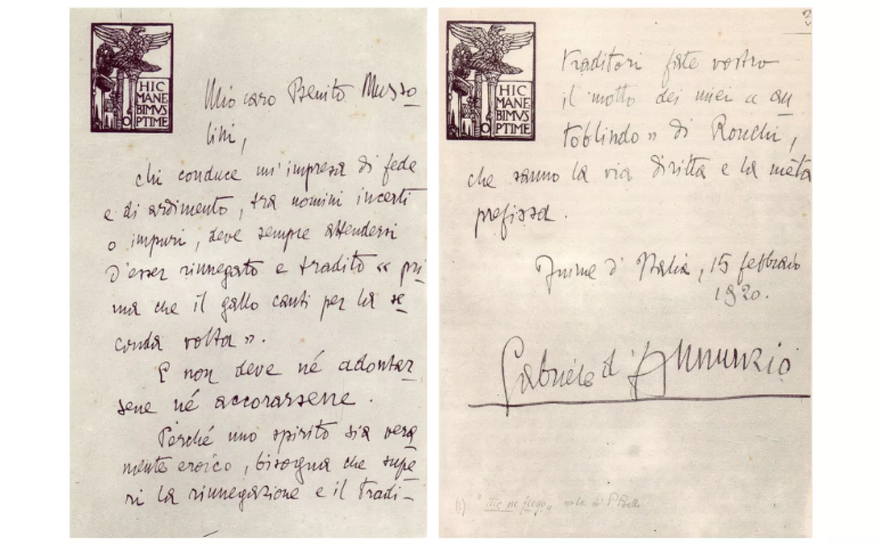 D’Annunzio Mussolininek írt levele 1919 szeptemberéből