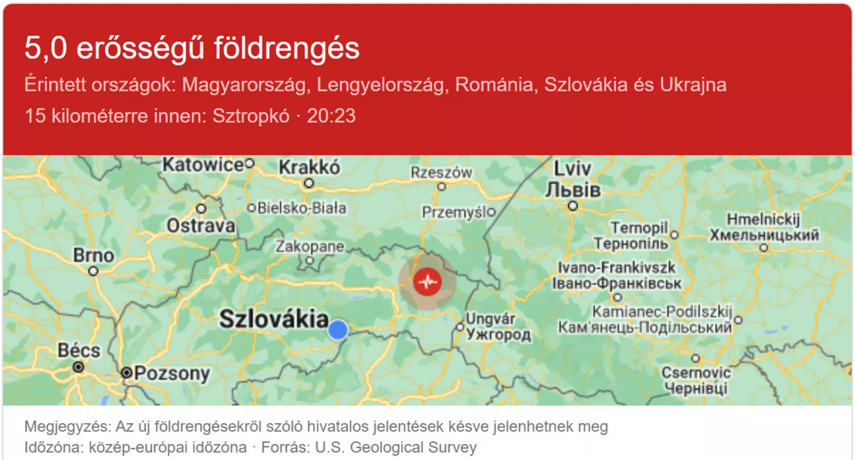 földrengés, Kelet-Szlovákia, Sztropkó, USGS
