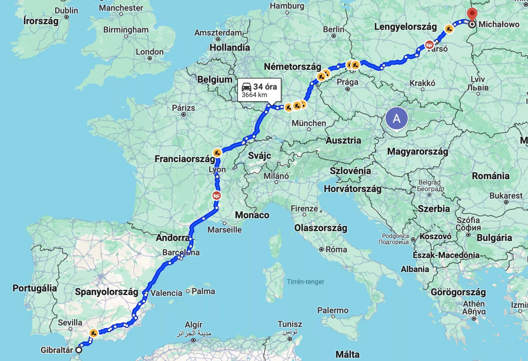 3660 km Európa-térképen