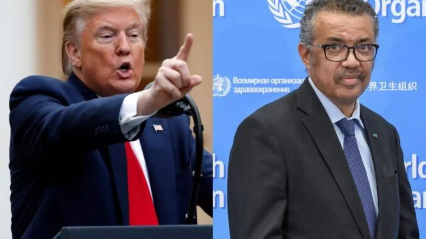 Donald Trump és Tedros Ghebreyesus, a WHO vezérigazgatója - kollázs