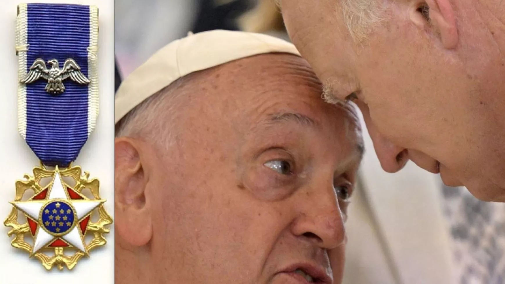 Ferenc pápa és Joe Biden, amerikai elnök - az Amerikai Egyesült Államok elnökének Szabadság-érdemrendjével - kollázs