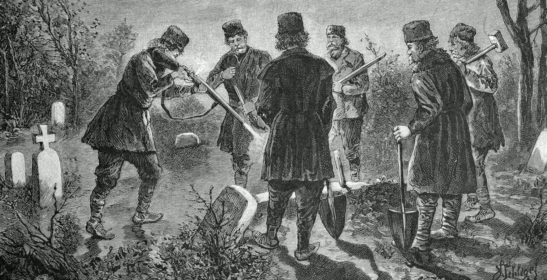 Vámpírvadászok a temetőben - korabeli rajz 