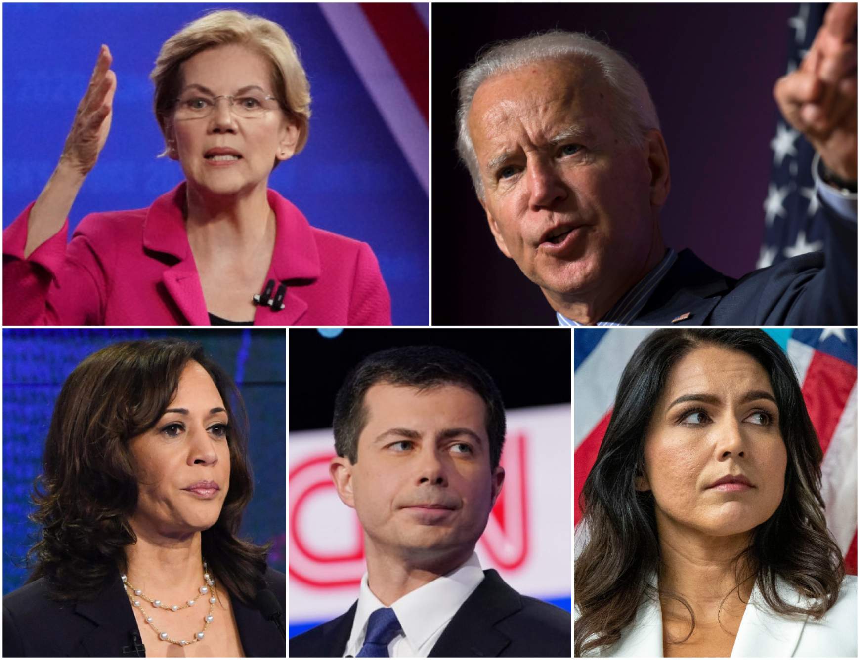 Fent: Elizabeth Warren, Joe Biden, Lent: Kamala Harris, Pete Buttigieg, Tulsi Gabbard