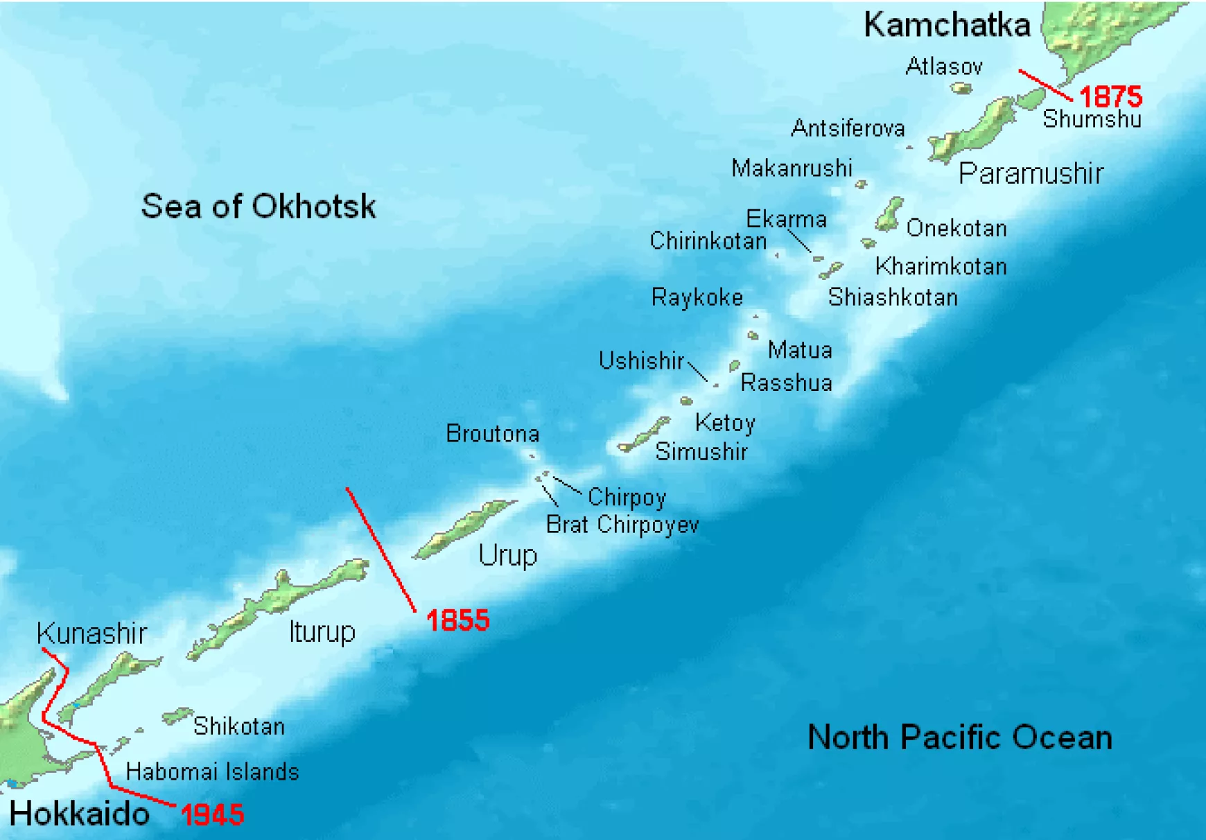 A térképen az 1945 és 1855 között található szigetek hovatartozásáról van szó