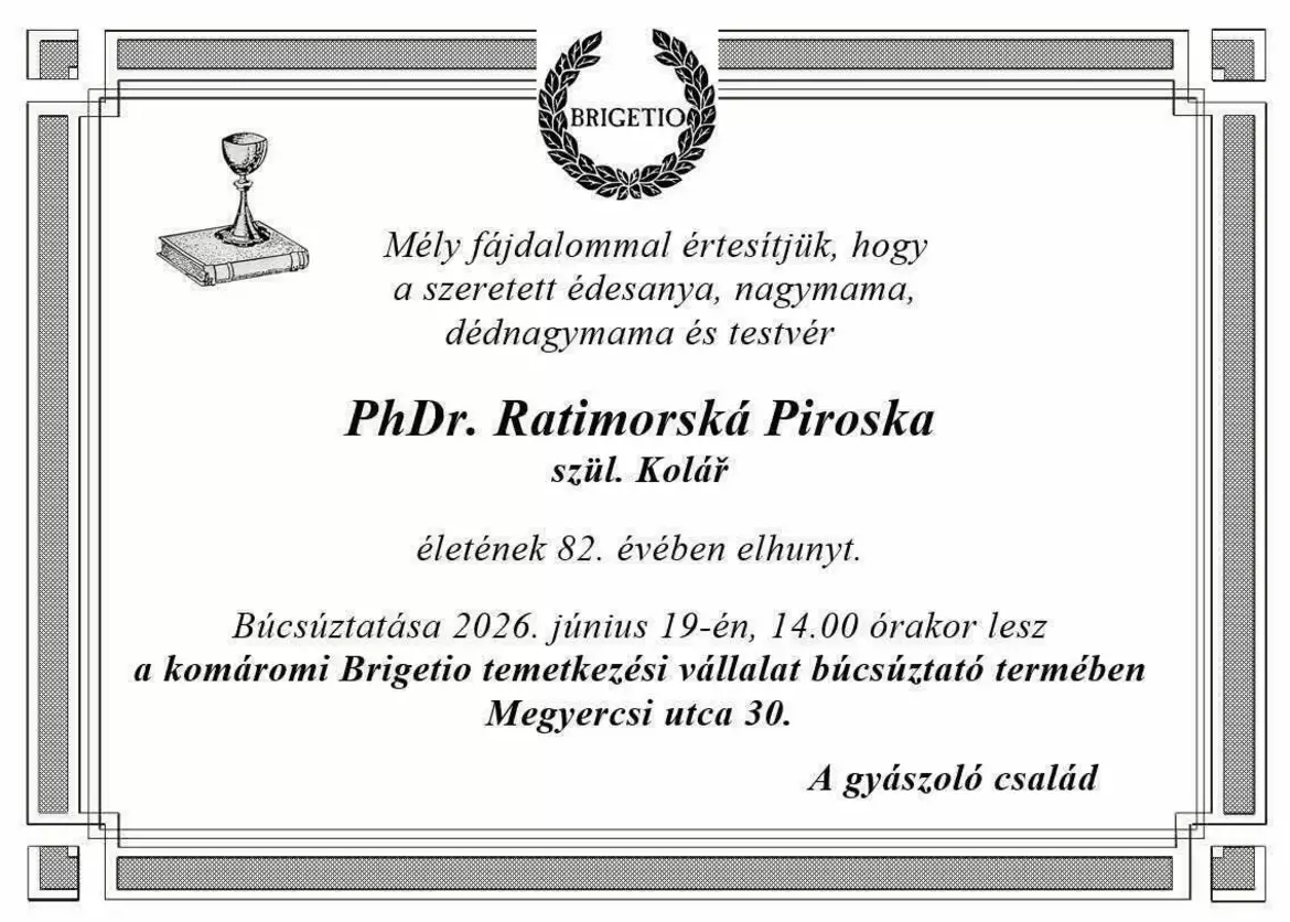  Pénteken két órakor Komáromban búcsúztatják Ratimorsky Piroska régészt  –  KÉPEKKEL